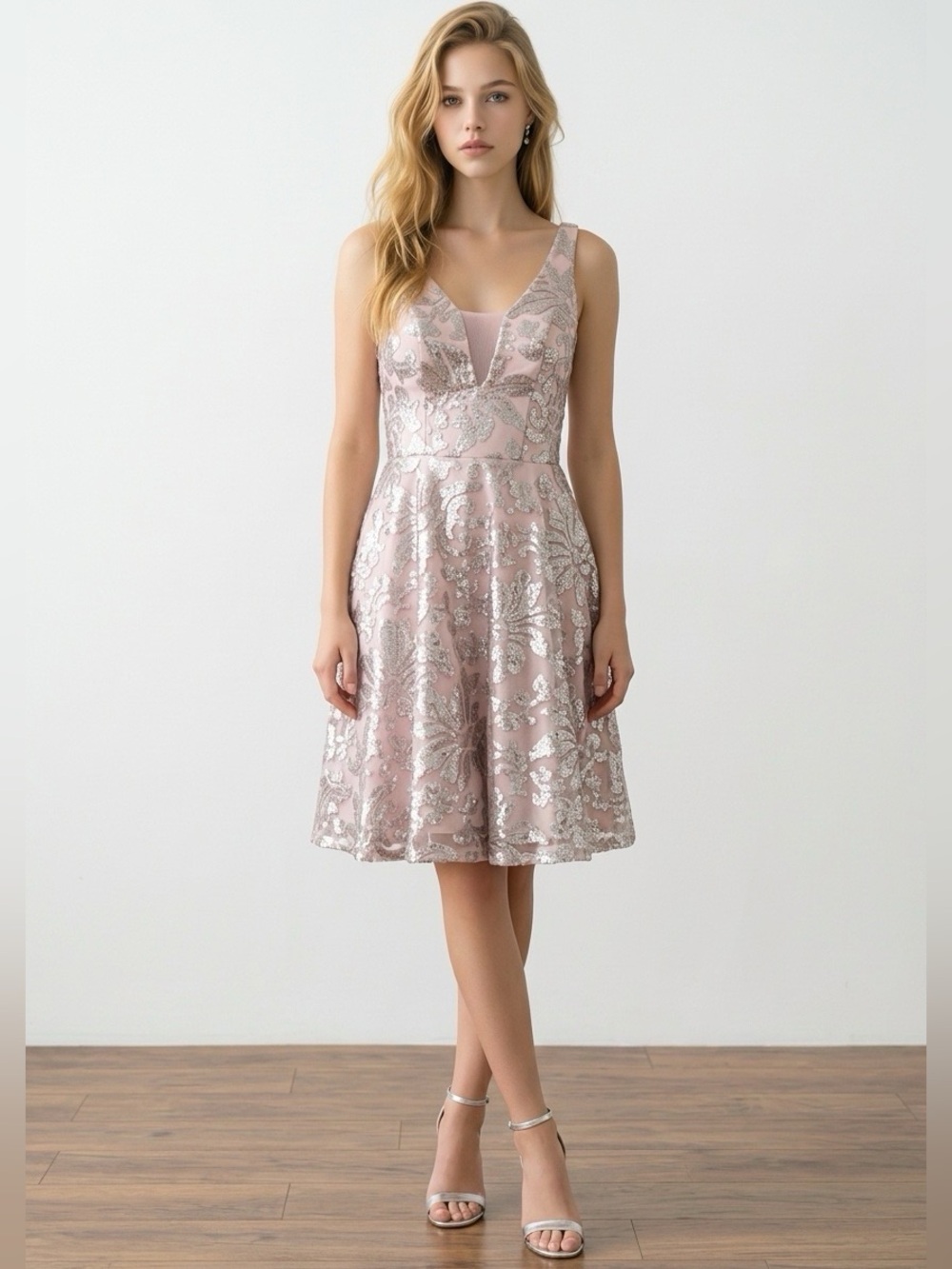 MARINA Pink Sequin Embellished Fit & Flare Dress